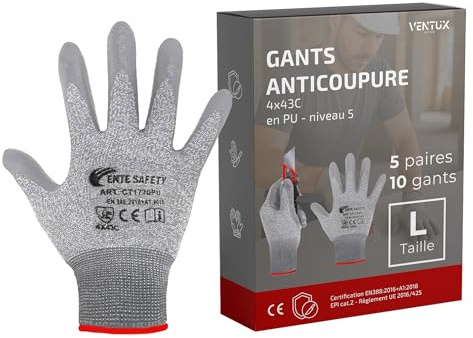 5 paires Talle L || Gants de Protection 4X43C || Anticoupure Niveau 5 || Certifiés EN388 || Résistants aux Coupures avec Revêtement PU pour Sécurité Industrielle, Bricolage et Travaux Manuels