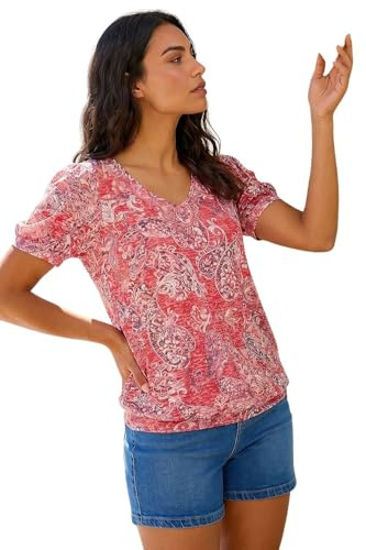 Roman Blouson Top for Women Ladies Bubble Hem Stretchy Jersey Puff Sleeve Summer Smart Casual Office Work Spring Everyday Evening Vacation Work Holiday V Neck - Paisley Red - Size 20