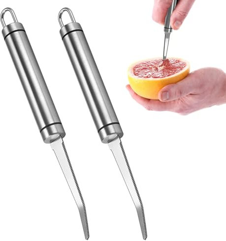 keyxer 2er-Pack Grapefruitmesser, Gebogenes Grapefruitmesser aus Edelstahl, Obstmesser mit Wellenschliff Grapefruitschäler Küchen-Obstschäler mit eingebauter Hängeschlaufe für Zitrusfrüchte