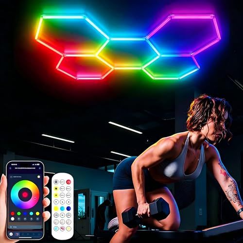 XAEIOW Hexagonal RGB LED-taklampa, 5 st dimbar, sexkantig, 12 960 lumen, gör-det-själv-installation för gym, bar, lekrum, gym, rumsbelysning