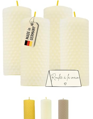 Wachsmann Juego de 4 velas de Adviento, 100% cera de abejas, enrolladas a mano, fabricadas en Alemania, color blanco, velas de cera de abejas con 6 horas de combustión, velas para Navidad (4 x 10 cm)
