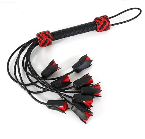 Hdynasty Fouet en Cuir de Rose Rouge et Noir, Fouet de Cheval Polyvalent de 64,5 cm de Long
