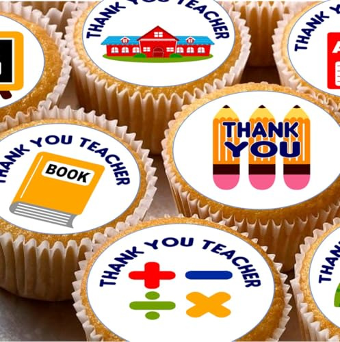 Thank You Teacher Edible Cupcake Toppers, School Theme Design, 24-Pack, Pre-cut Round Decorations