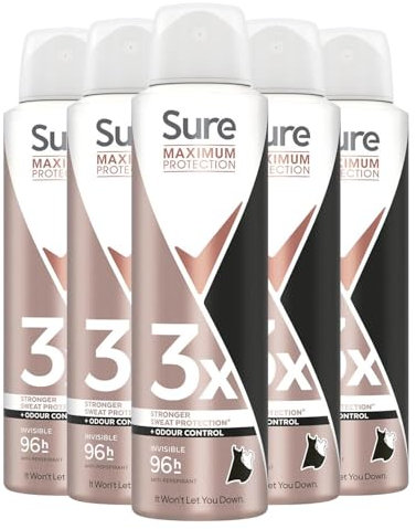 Sure Maximum Protection Anti Perspirant Deodorant Spray Inivisible, Pack of 5, Deodorant for Women 96-Hour Odour and Sweat Protection with Anti-White Mark and Yellow Stain Formula, 150ml