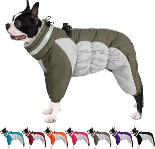 AOFITEE Winteroverall für Hunde - Wasserdichter Hundemantel für Mittelgroße Hunde mit Beinen, Winter Warmer Hundejacke mit Geschirr Gefütterter Hundeoverall, Wintermantel Hund für Boston Terrier, M