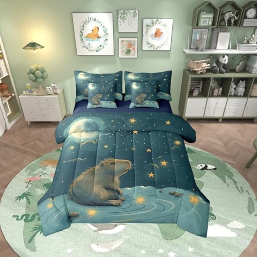 Erosebridal Cute Beaver Queen Size 7 Pcs Bedding Set for Home, Wild Animal Comforter Set with Sheets for Kids Boys Girls Women Men, Wildlife Bed in A Bag, Galaxy Starry Sky Bedding Comforter Sets