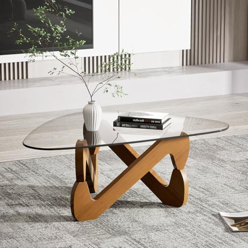 TWSOUL Dreieckiger Couchtisch aus Glas, Modern Wohnzimmertisch, Durchsichtig Couchtisch mit Holz Base, Ausgefallene Kaffeetisch für Wohnzimmer (Transparent)