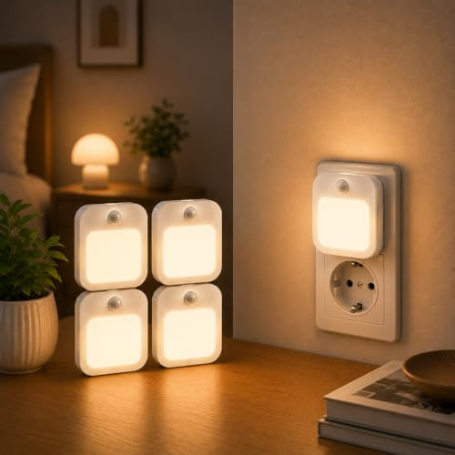 Livatro Nachtlicht mit Bewegungsmelder für die Steckdose, 4er Set, dimmbar | Steckdosenlicht mit Bewegungsmelder, Lichtsensor, ON/OFF/AUTO, 3000 K warmweiß, stufenlos dimmbar, Memory, 3–5 m, 120°, 45 s.