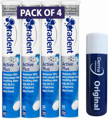 Stera Dent Active Plus Denture Cleaning Tablets – 4 Pack (120 Tablets) + with Free Original Lip Balm