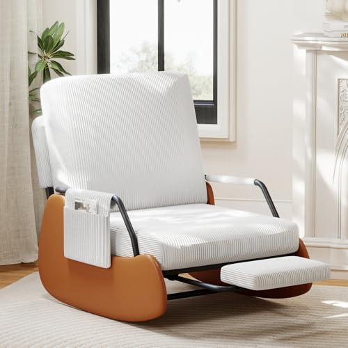 Furniliving Modern Glider Rocking Chairs, Adjustable Recline Accent Lounge Chair with Retractable Footrest, Comfortable Upholstered Reading Gaming Chair for Living Room, Bedroom, White.