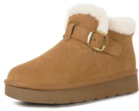 Dokela Women Snow Boots Winter Warm Fur Lined Ladies Casual Ankle Booties Shoes Slip On Outdoor Zip Flat,Light Brown,6 UK