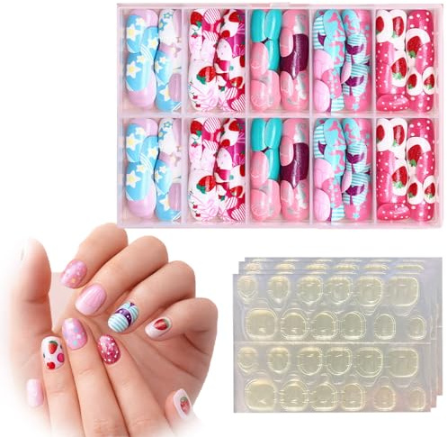 Press-On Short False Nails, 120-Piece Set, 12 Assorted Patterned Designs | Adhesive Tabs Included, 12-Compartment Storage Case, Colourful Fruit And Floral Motifs, For Home Manicures And Social Events