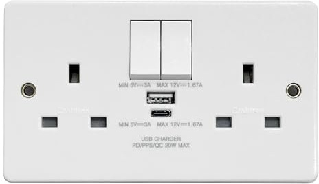 Crabtree USB Double Socket Dual Charger Switched 2 Gang Plug White USB-C & USB-A 4306/USBC