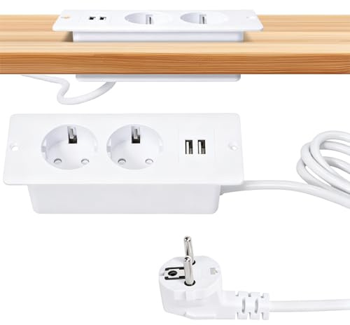 Vexnaro Enchufe de Mesa Empotrable con 2 USB, Toma de Empotrar de Sobremesa de 2 Vías, Toma Múltiple con Cable de 1.5 m para Muebles, Oficina o Superficies de Trabajo, Blanco