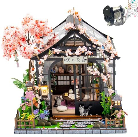 Casa delle bambole in miniatura fai da te in legno con musica giapponese Sakura serra casa fai da te kit casa delle bambole costruzione villa modello 3D regali creativi per adulti