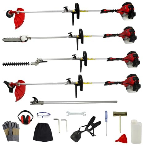 Outils Multifonctions 5-en-1 Coupe-Herbe Taille-Haie à Essence Moteur 52cc 1,2 L - 5 Accessoires Jardinage Extérieur Entretien Haies Buissons [Kit EPI, Entonnoir & Outils Inclus]