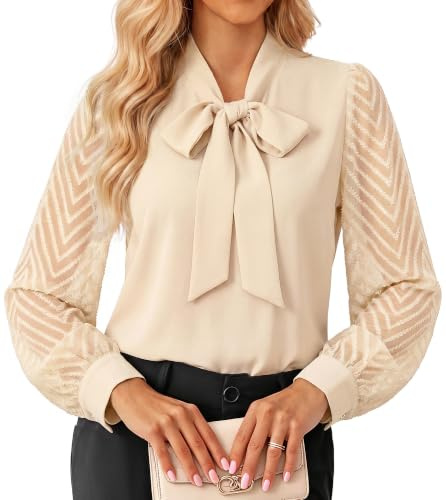 GRACE KARIN Women's Sheer Long Sleeve Blouse Bow Tie Chiffon Going Out Tops | Vintage Retro Lace Tops Formal Business Office Work Shirts 2026 Dressy Casual Tops Evening Date Night Blouses