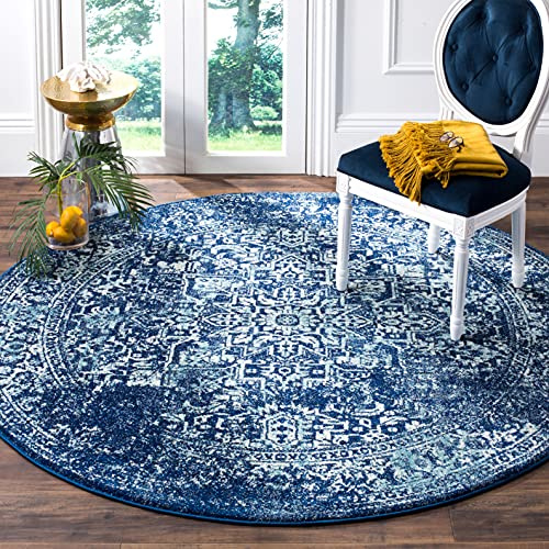 SAFAVIEH Tapis Traditionnel pour Salon, Salle à Manger, Chambre à Coucher - Evoke Collection, Tapis à Poil Court, Marine et Ivoire, 200 x 200 cm