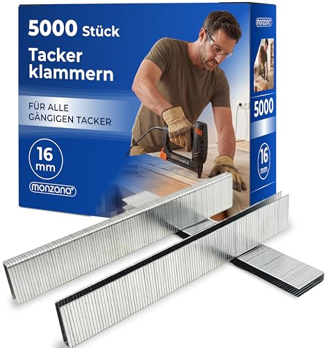 MONZANA 5000 Stück Tackerklammern 16 mm für Druckluft Elektro Akku Tacker | 5,8 mm, Korrosionsschutz, für Innen und Außenbereich, für Montagearbeiten und Fixieren, Holz, Passgenau, Kompatibel