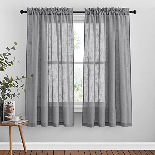 PONY DANCE Leinenoptik Gardinen Kurz Wohnzimmer Vorhang Halbtransparent | 2er Set, H160 x B132 cm, Dunkelgrau, Luftig, Lichtdurchlässig, Modern, mit Stangedurchzug, für Schlafzimmer Kinderzimmer