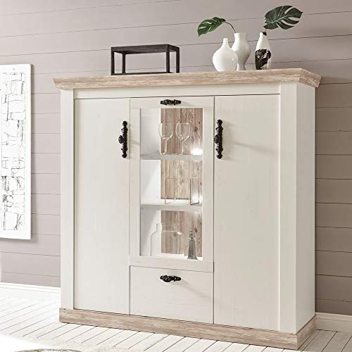 Highboard im Landhaus Stil in Pinie weiss inkl. LED-Rückwandbeleuchtung
