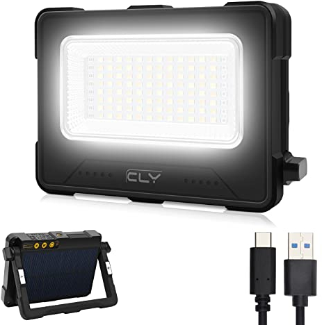 CLV Faro Luce LED Portatile 60W, Faro LED Ricaricabile USB & Solare con 12000mAh Batteria, 4 Modalità di Illuminazione 5 Luminosità, Luci da Lavoro per Cantiere, Garage, Campeggio, Emergenza