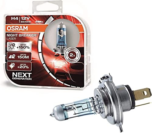 2x Osra.m H4 60/55W 12V P43t Night Breaker Laser +150% 64193NL-HCB hell Weiß Ersatz Scheinwerfer Halogen Auto Lampe - E-geprüft