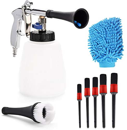 EXLECO Auto Reinigungspistole, Innenreiniger Waschpistole, 60L 6~9,2Bar Druckluft Innenraum waschpistole Tragbare Sprühpistole mit Schaumflasche, mit Bürste, für Auto Armaturenbrett Ledersitze