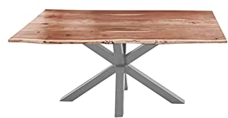 SAM Esszimmertisch 140x80cm Quincy, echte Baumkante, Akazienholz naturfarben, massiver Baumkantentisch mit Spider-Gestell Silber