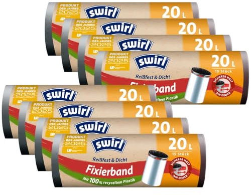 8x Swirl Fixierband M??llbeutel 20L (15 Beutel/Rolle) - 20 Liter rei? fest und dicht aus recyceltem Plastik