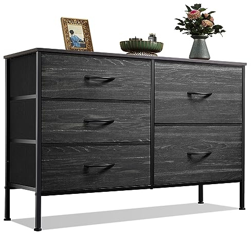 WLIVE Dresser for Bedroom with 5 Drawers, Wide Dressers with Drawer Organizers, Chest of Drawers, Fabric Dresser for Living Room, Closet, Hallway, Charcoal Black Wood Grain Print