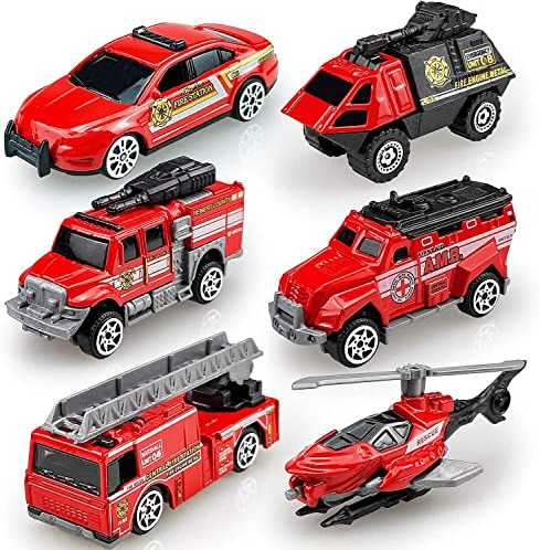 6Pcs Fire Engine Set, Alloy Metal Fire Truck Model Car Toys for 3 Years Old Boys and Grils, Mini Emergency Rescue Playset for 3 4 5 6 7 8 9 Years Olds Small Toy Car Set Birthday Christmas Party Gift