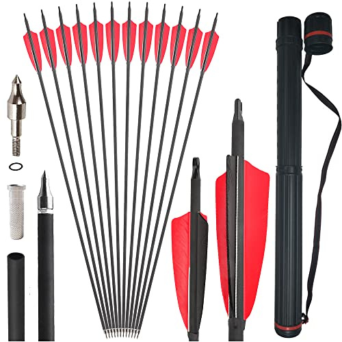 SHARROW 6/12Pcs Carbonpfeile 32 Zoll Carbon Pfeile für Bogenschießen Spine 500 Carbon Jagdpfeile mit 4 Zoll Natürliche Federn Pfeile für Recurvebogen Compoundbogen (12pcs, Rot+Köcher)