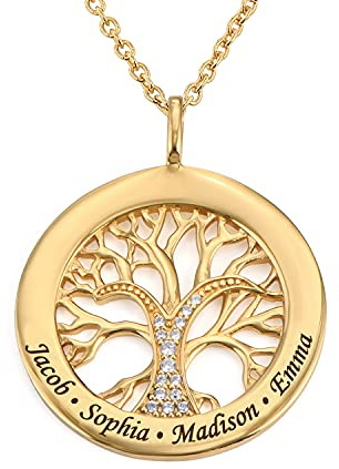 MYKA - Collana Personalizzata Albero della Vita in Argento 925 con e Zirconcini - Gioiello Famiglia Custom con Nomi Incisi - Regalo per Festa della Mamma