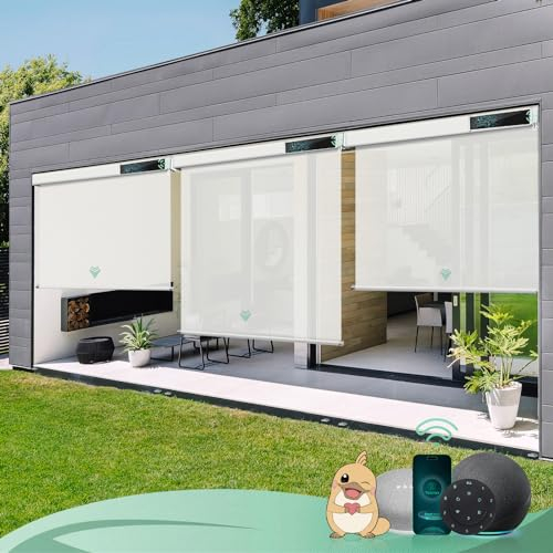 Yoolax Elektrische Außenrollo Senkrechtmarkise Balkonrollo mit Fernbedienung, Kompetibel mit Alexa Google Home, Sonnenschutz/Wetterfest/Anti-UV Außen Elektrische Rollo für Garten, Nach Maß(Weiß)