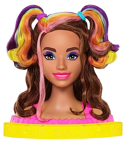 Barbie-docka deluxe-stylinghuvud, Barbie Totally Hair, vågigt brunt och neonregnbågsfärgat hår, dockhuvud för hårstyling, Color Reveal-tillbehör, HMD80