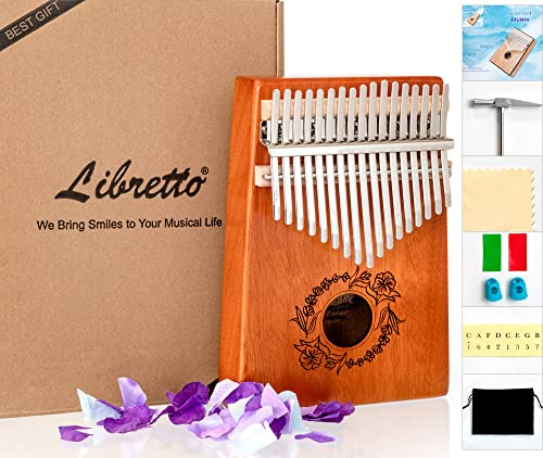 Libretto Kalimba Solid Wood Thumb Piano 17 Keys, Portable Mbira Finger Piano with Tune Hammer, Flannel Bag, Manual, Cleaning Cloth, Finger Covers, and Stickers, Great Gift for Kids and Adult Beginners