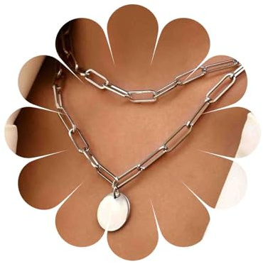Yienate Punk Layered Gold Paperclip Chain Hip-hop Statement Coin Pendant Layered Necklace Charm Jewelry for Women & Girls