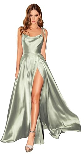 Babyonline D.R.E.S.S. Robe de Soirée Demoiselle d'honneur Longue Maxi avec Traine en Satin Evasée pour Cocktail Mariage Vert 46