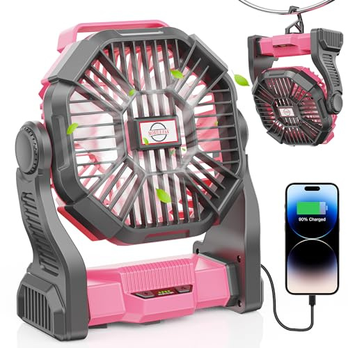 DOWILLDO 15000mAh Portable Battery Powered Camping Fan - with LED Light, Quiet Battery Operated, Camping Gear for Travel, Tent, Beach, Car or Hurricane Power Outages, Pink
