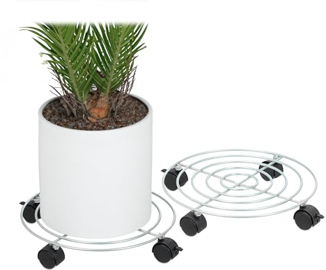 Relaxdays Pflanzenroller, 2er Set, Ø 32 cm, Blumentopfuntersetzer mit Rollen, Stahl, Blumenroller für innen, Silber