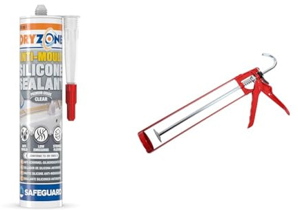 Dryzone Anti-Mould Silicone Sealant (310 ml Clear) Premium Sanitary-Grade, Low VOC Sealant & ProDec MG11ES Extra Strong Skeleton Caulking Gun, Sealants, Silicones, Adhesives