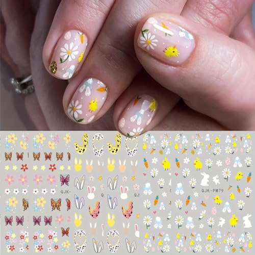 6Sheets Easter Nail Art Stickers Decals Cute Bunny Flower Designs 3D Self-Adhesive Nail Decals Spring Nail Decorations Floral Daisy Butterfly DIY Nail Supplies Easter Nail Accessories for Women Kids