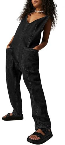 Sovoyontee Damen Casual Loose Sleeveless High Wais Jumpsuits Mit Taschen