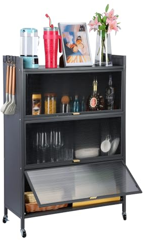 Rostfreies 4-stufiges Küchenregale Stehend, Küchenschrank mit Rollen und Füße, Mikrowellenschrank, Bäckerregal, Standregal, Lagerregal für Küche Wohnzimmer mit Sichtbare Türen, Vintage, Schwarz