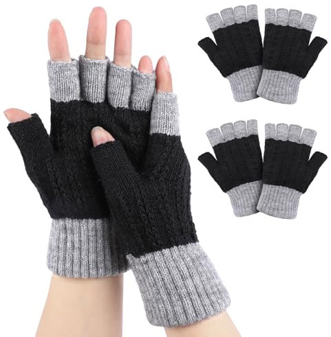 Kiiwah 2 Paar Winter Handschuhe Herren und Damen mit Fleecefutter, Farbabstimmung Halbfingerhandschuhe Strick Fingerlose Handschuhe für Arbeit, Sport, Winterliche Outdoor Aktivitäten