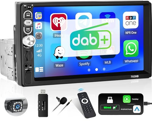 CAMECHO Autoradio Dab Plus 1 Din Radio Auto mit Carplay Android Auto, 7 Zoll Auto Bildschirm mit Bluetooth Freisprecheinrichtung, Mirror Link FM Radio TF/USB/AUX+ Rückfahrkamera + Mic