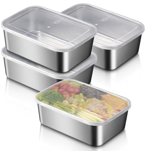 WakiHong 4 Piezas Recipientes Para el Congelador 1100ml Recipientes de Acero Inoxidable con Tapas Recipientes Herméticos para Alimentos para Refrigerador,Cajas de Almacenamiento para Carne,Fruta