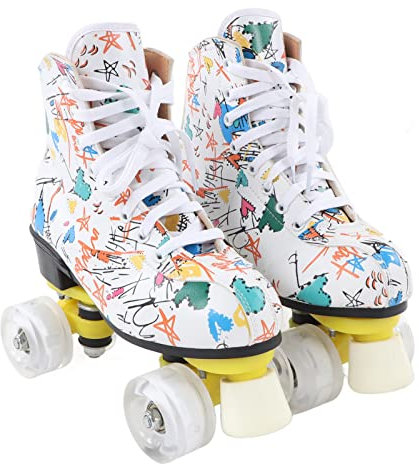Rollschuhe, Zweireihige 4-Rad-Rollschuhe, Wei?e Graffiti-Rollschuhe, Skating-Schuhe f¨¹r und Erwachsene, Gr??e 38