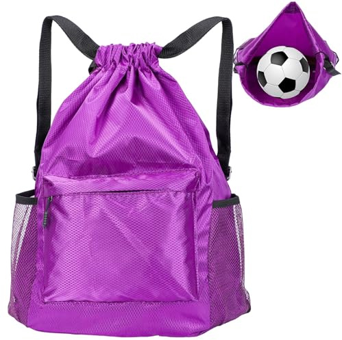 Runmeihe Drawstring Gym Bag for Kids & Adults, Large Waterproof Swimming PE Bags, Sports String Backpack, Oxford Fabric Football Bag for School Travel Climbing Hiking (Purple, Large)
